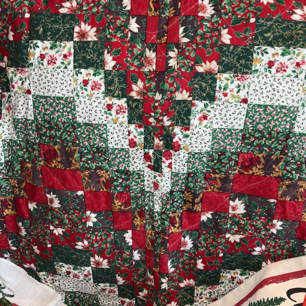 Vtg Christmas Linen Lot Kitchen Towel‎ oval Table Cloth quilted throw apron